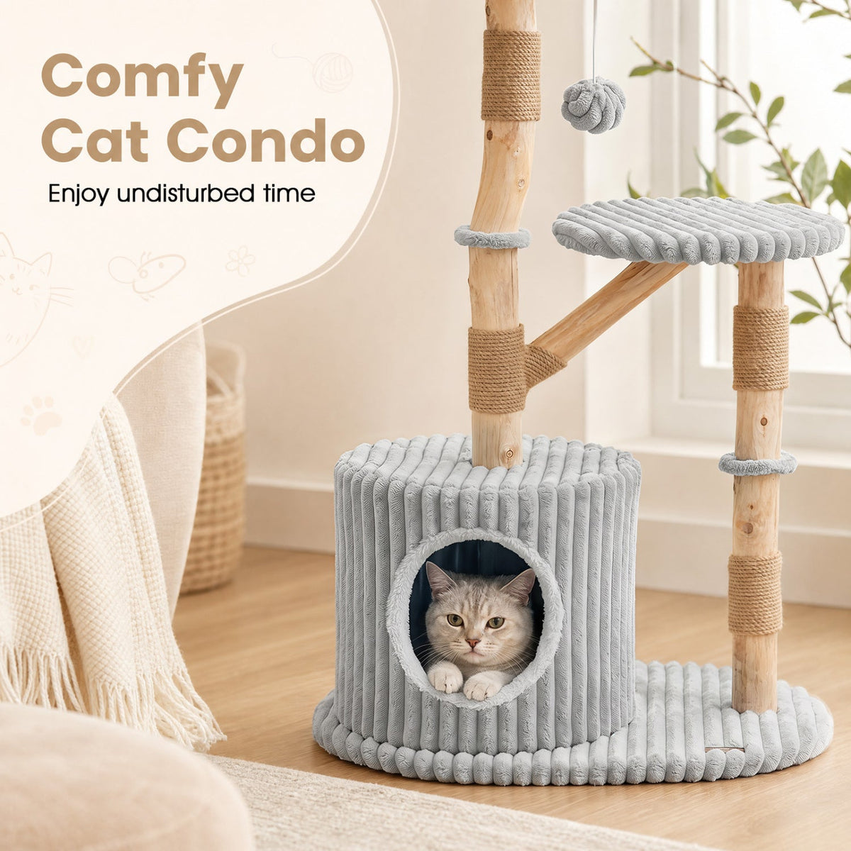 Grey Ribbed Cat Tree 41 Inches with a Round Condo and Branch Platform
