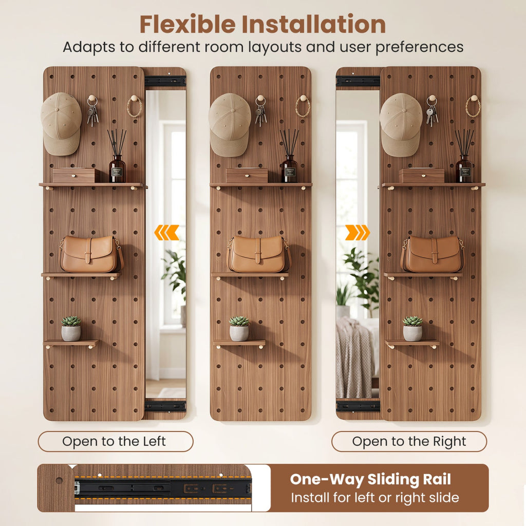 Solid Wood Full Length Mirror with Pegboard & Shelves and Hooks for Entryway-Brown