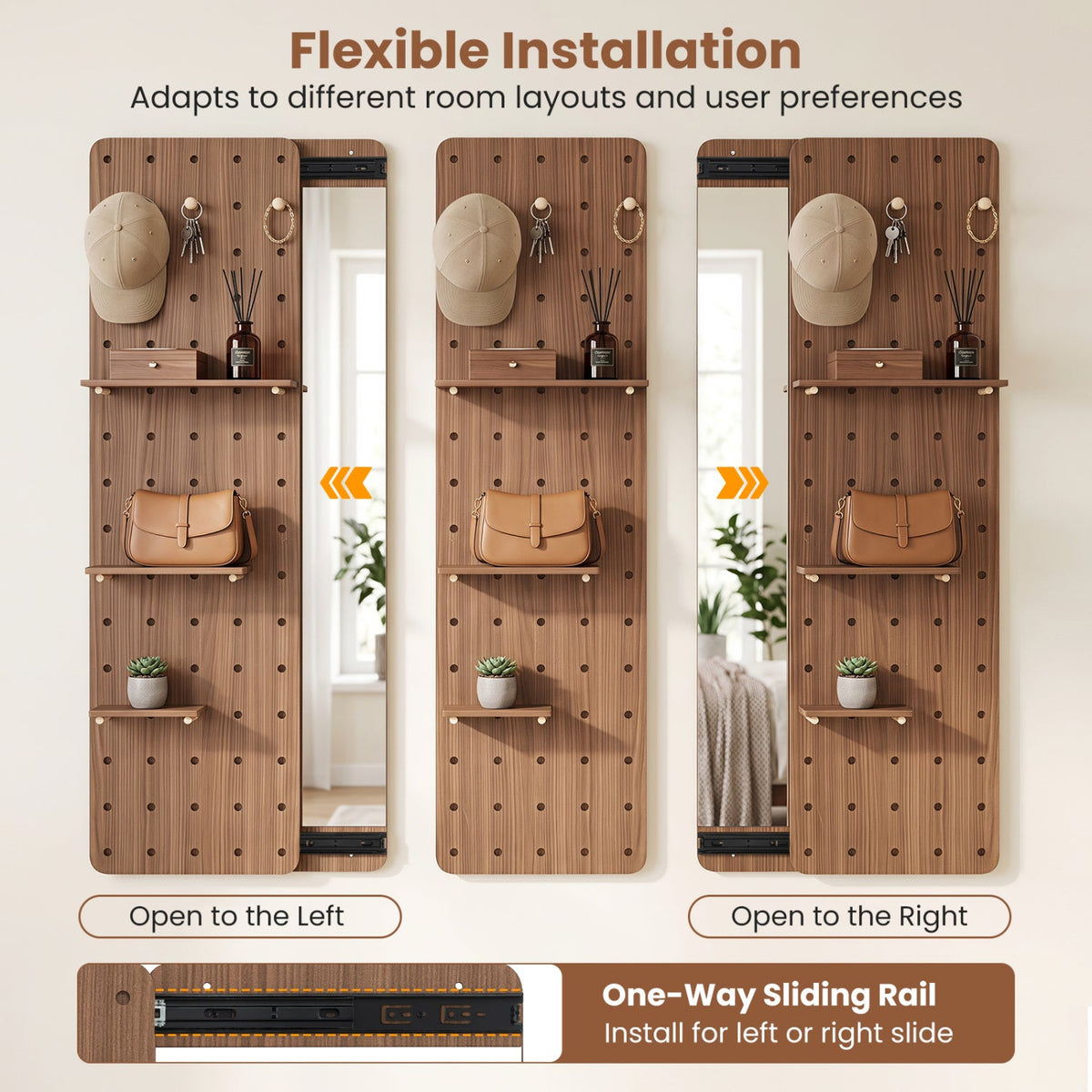 Solid Wood Full Length Mirror with Pegboard & Shelves and Hooks for Entryway-Brown
