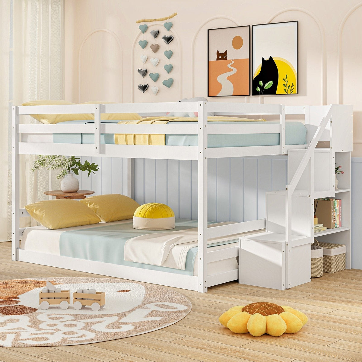 Solid Wood Full Over Full Low Bunk Bed with Storage Stairs-White