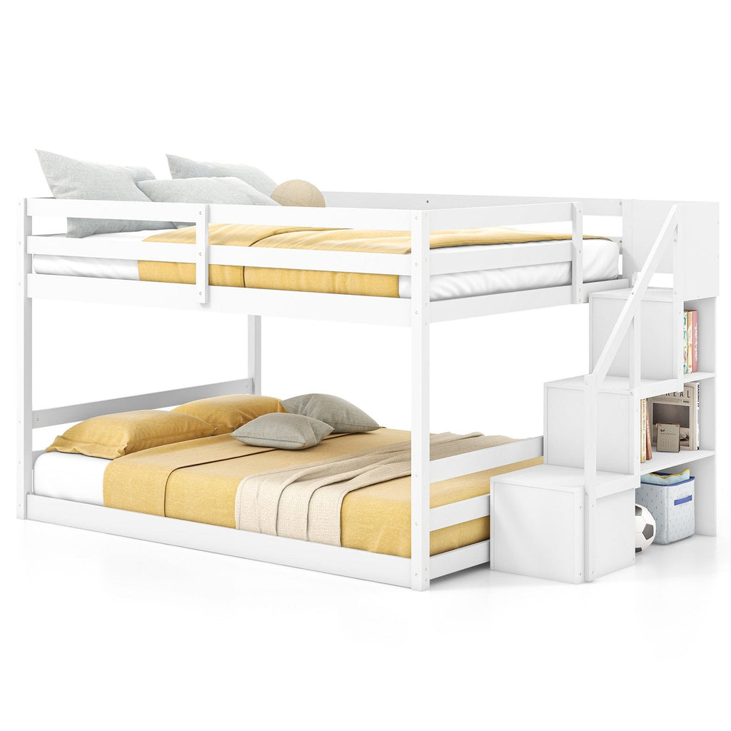 Solid Wood Full Over Full Low Bunk Bed with Storage Stairs-White