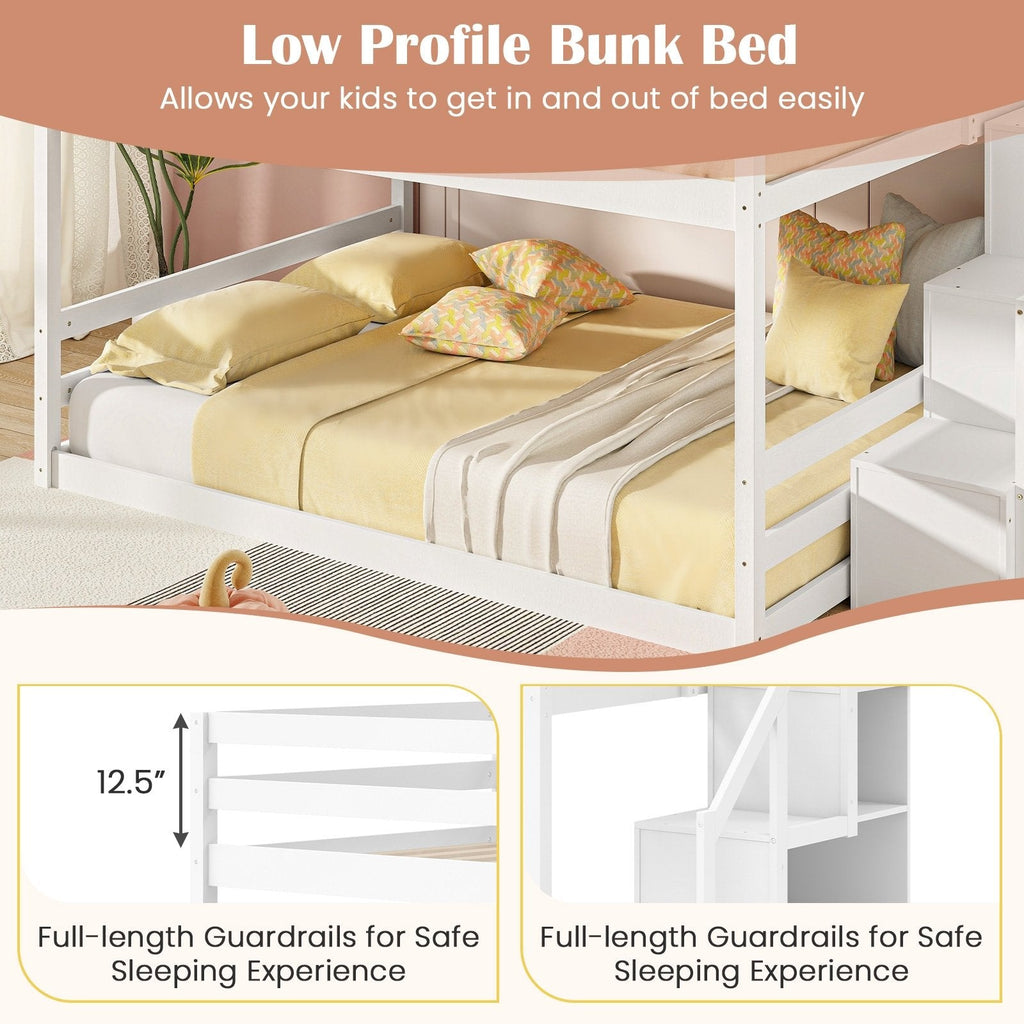 Solid Wood Full Over Full Low Bunk Bed with Storage Stairs-White