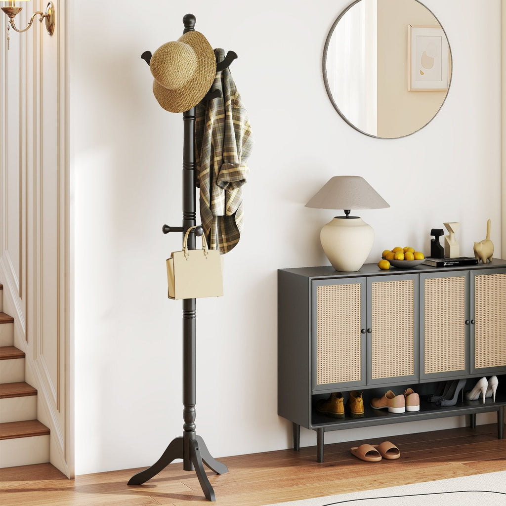 Solid Wood Hall Tree with 11 Hooks and 3 Height Options for Entryway-Black