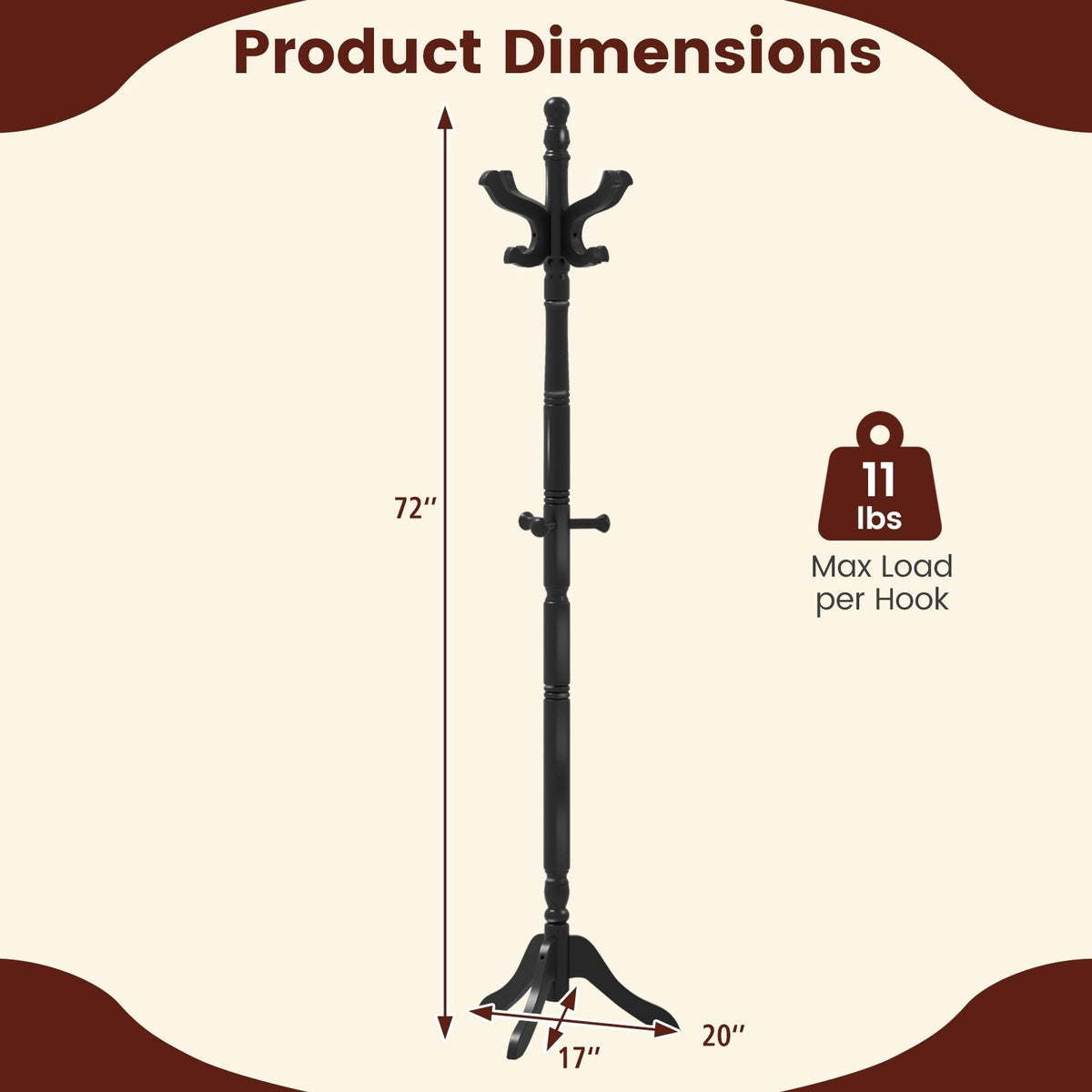 Solid Wood Hall Tree with 11 Hooks and 3 Height Options for Entryway-Black