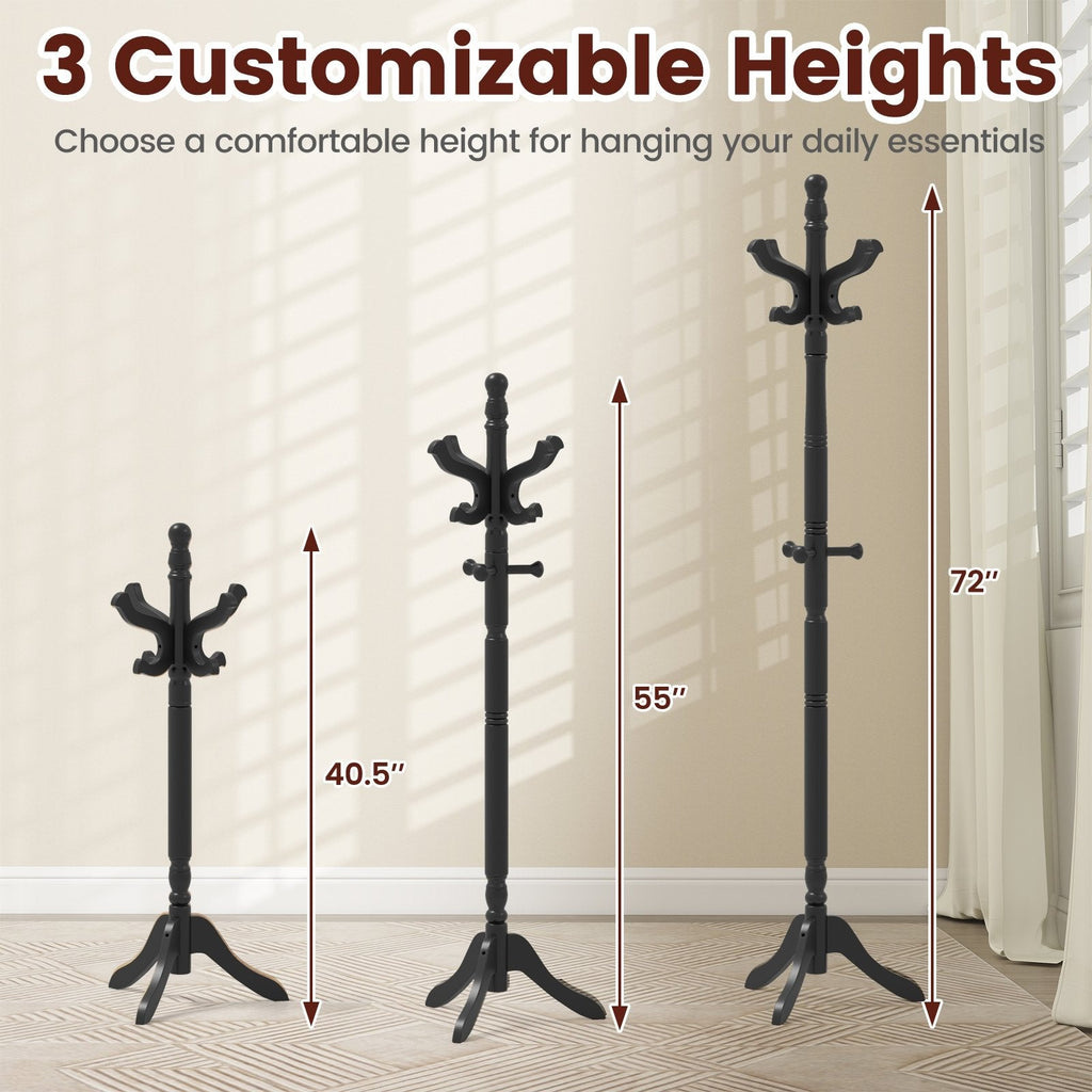 Solid Wood Hall Tree with 11 Hooks and 3 Height Options for Entryway-Black