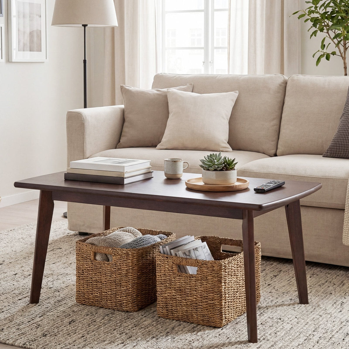 Solid Wood Modern Coffee Table with Tapered Legs-Walnut