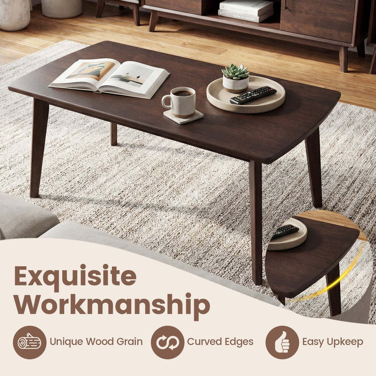 Solid Wood Modern Coffee Table with Tapered Legs-Walnut