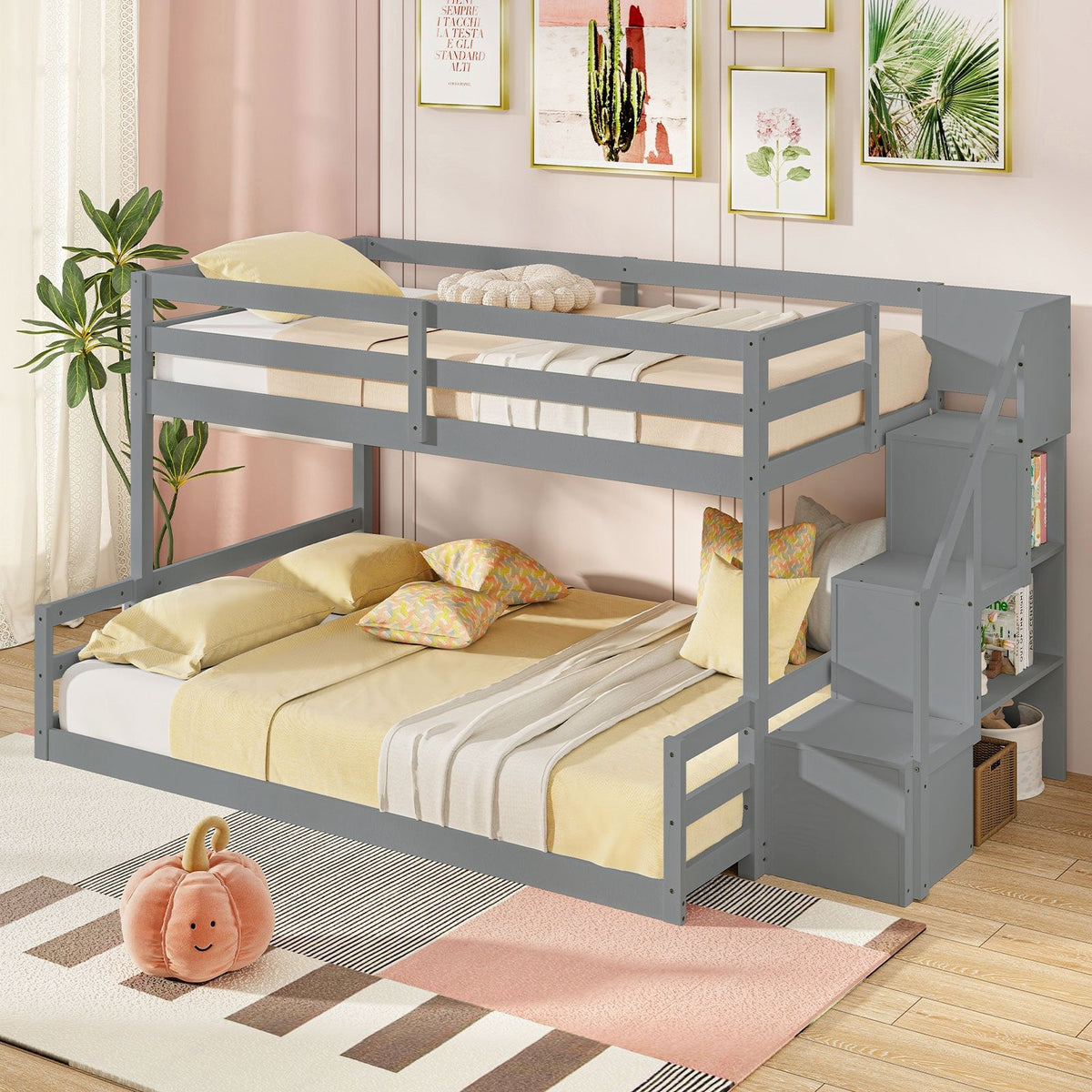 Solid Wood Twin Over Full Low Bunk Bed with Storage Stairs-Grey
