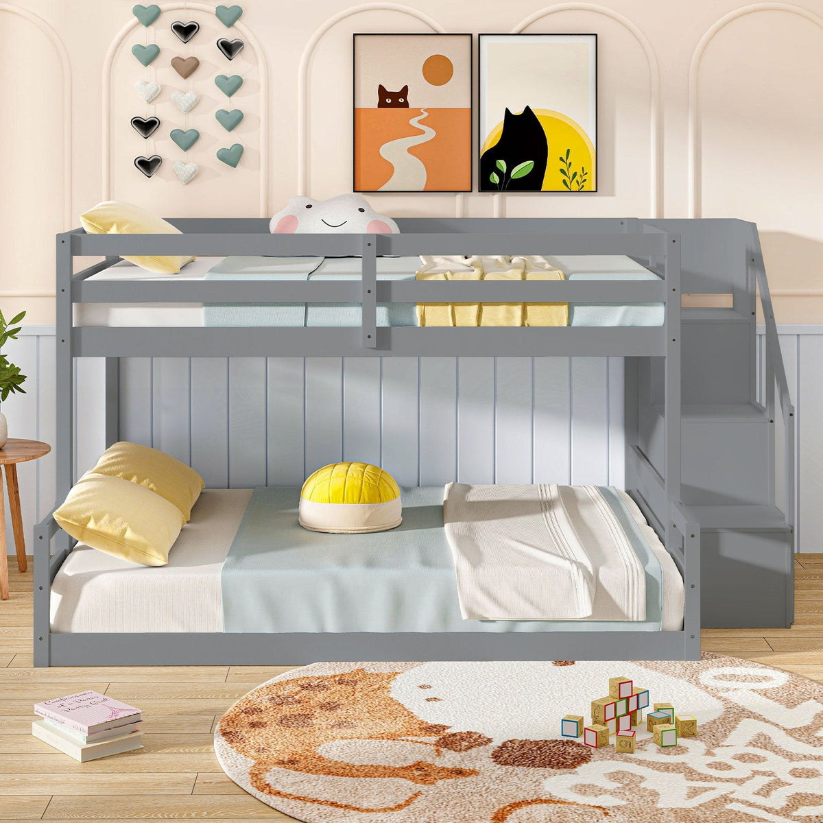 Solid Wood Twin Over Full Low Bunk Bed with Storage Stairs-Grey