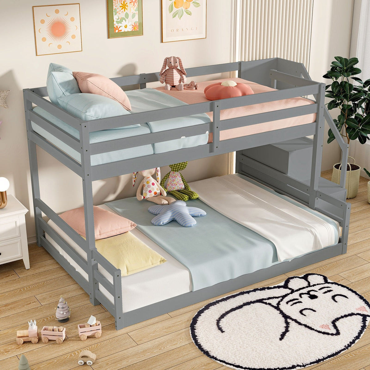 Solid Wood Twin Over Full Low Bunk Bed with Storage Stairs-Grey