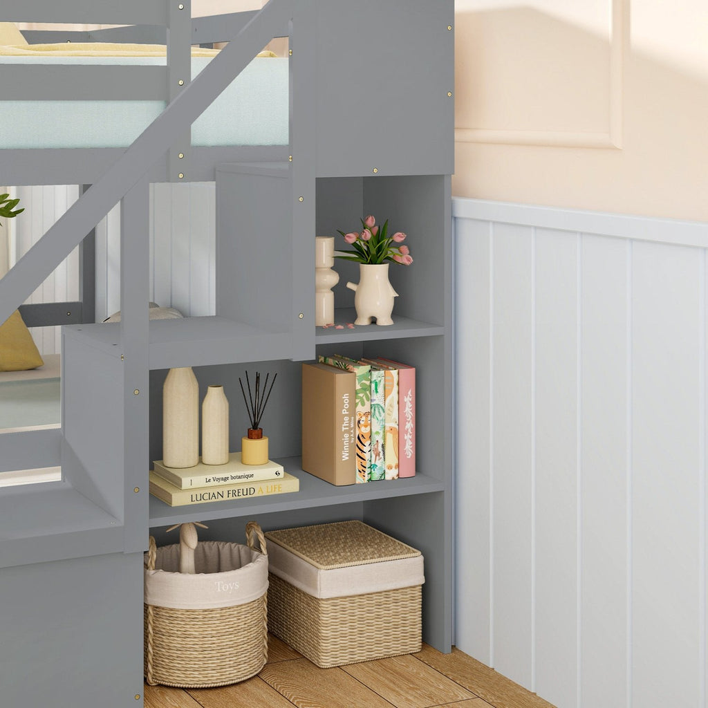 Solid Wood Twin Over Full Low Bunk Bed with Storage Stairs-Grey