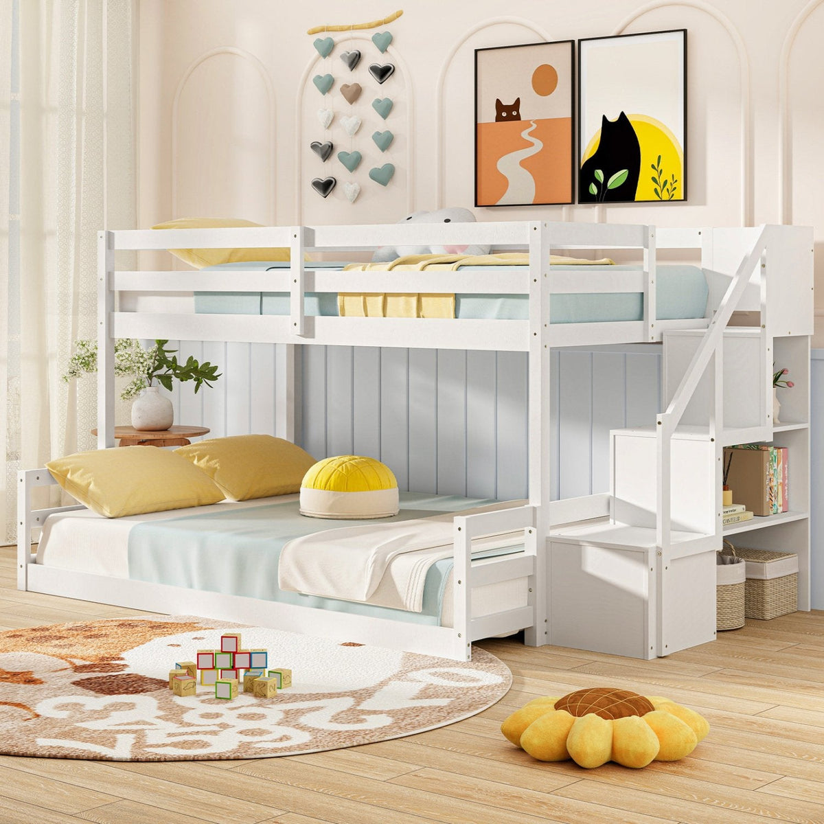 Solid Wood Twin Over Full Low Bunk Bed with Storage Stairs-White