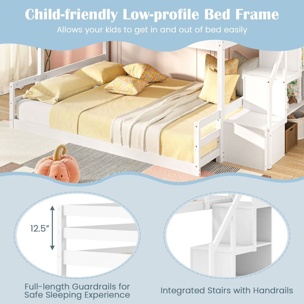 Solid Wood Twin Over Full Low Bunk Bed with Storage Stairs-White