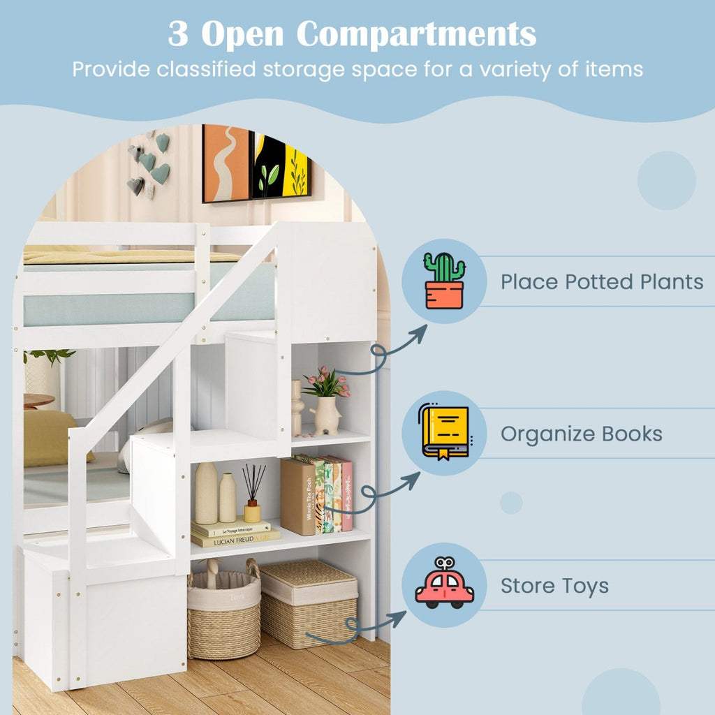 Solid Wood Twin Over Full Low Bunk Bed with Storage Stairs-White