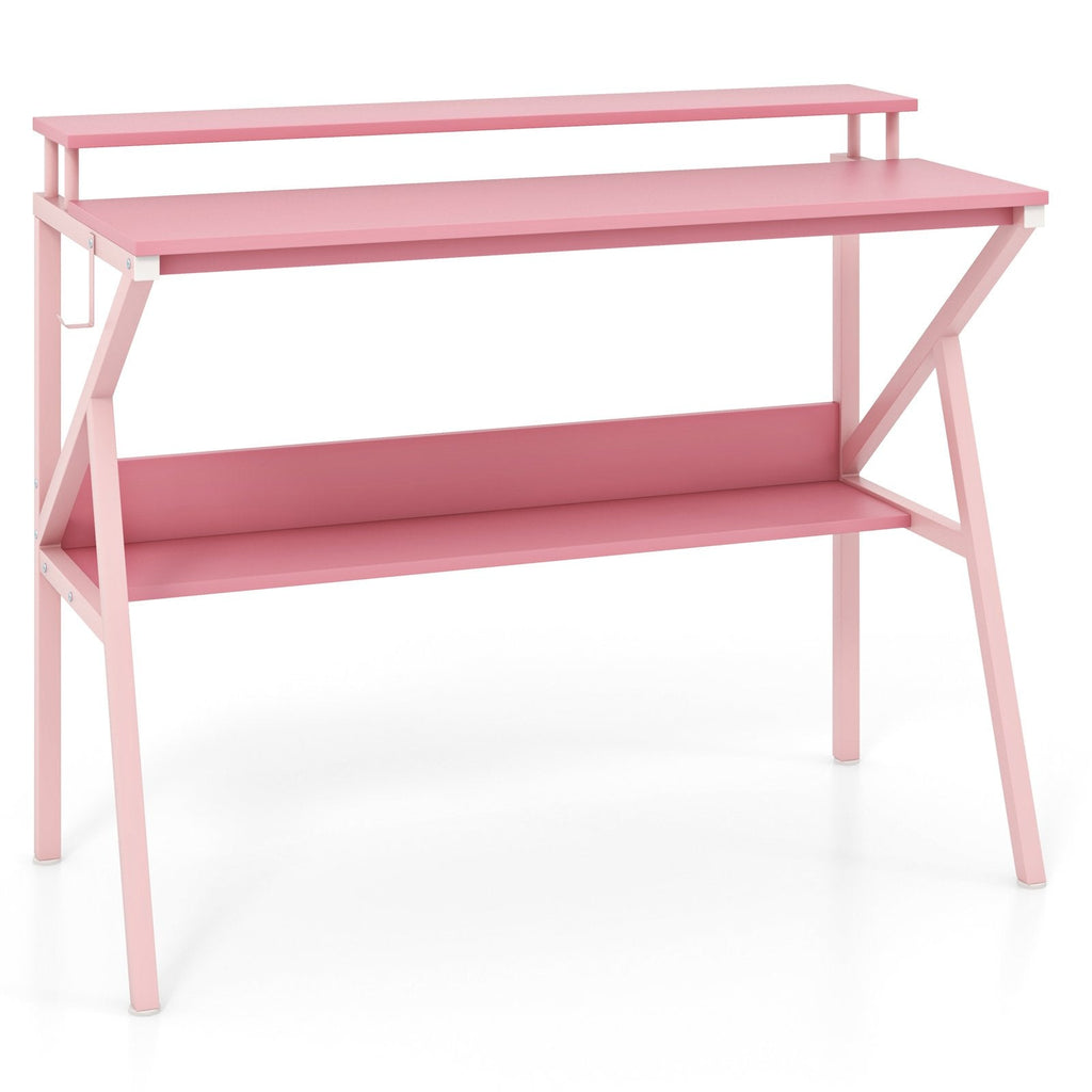 Space Saving Computer Desk with Monitor Stand and Extra Storage Shelf for Work Study-Pink