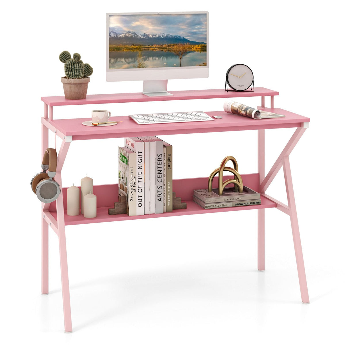Space Saving Computer Desk with Monitor Stand and Extra Storage Shelf for Work Study-Pink
