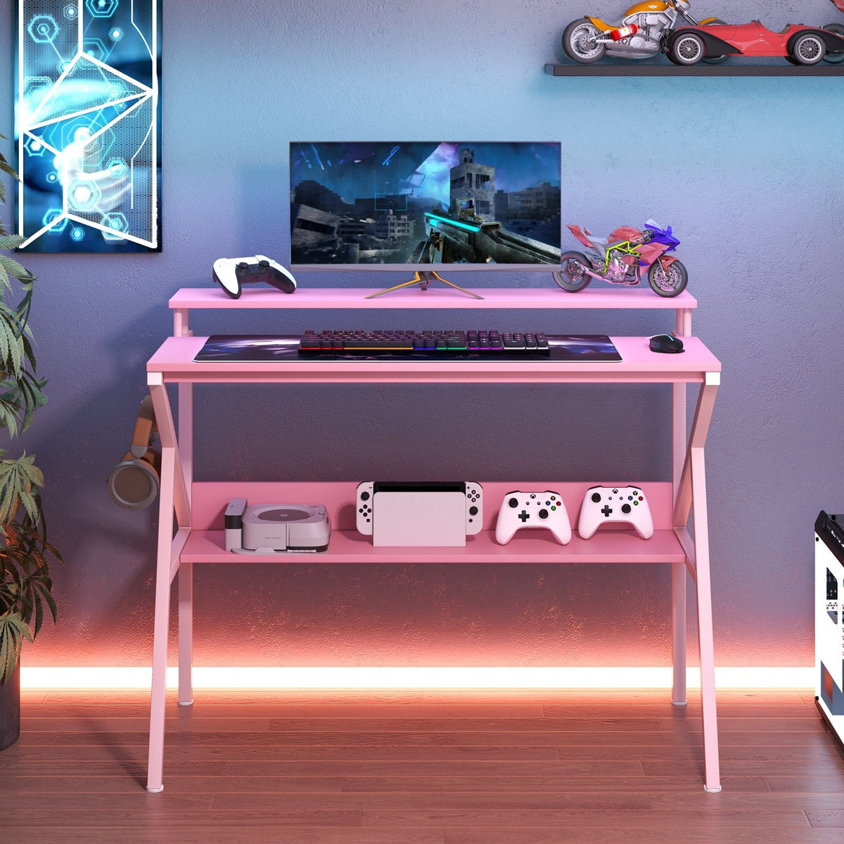 Space Saving Computer Desk with Monitor Stand and Extra Storage Shelf for Work Study-Pink