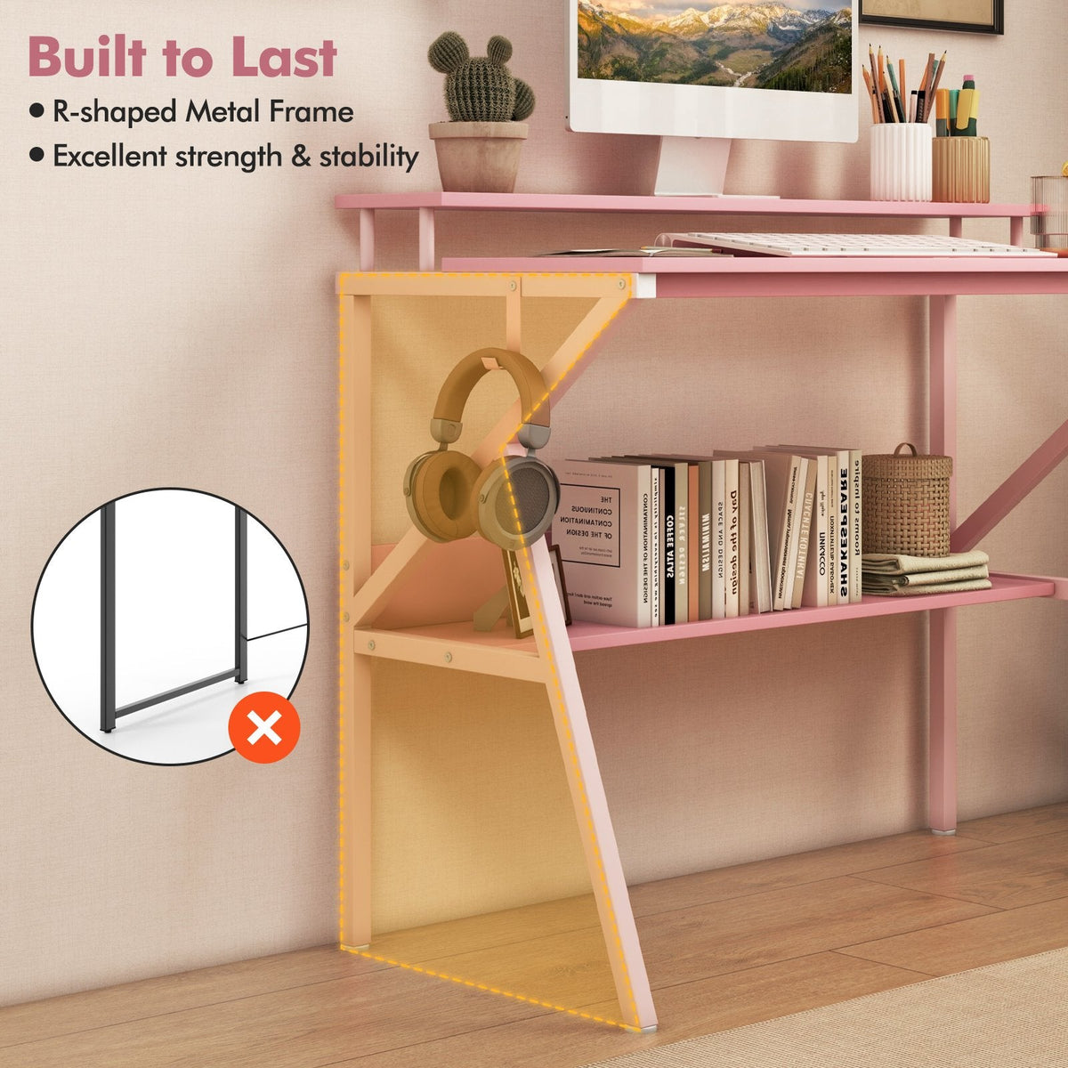 Space Saving Computer Desk with Monitor Stand and Extra Storage Shelf for Work Study-Pink