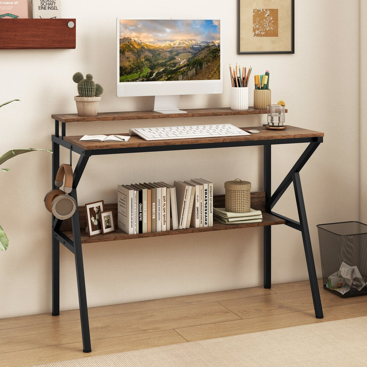 Space Saving Computer Desk with Monitor Stand and Extra Storage Shelf for Work Study-Rustic Brown