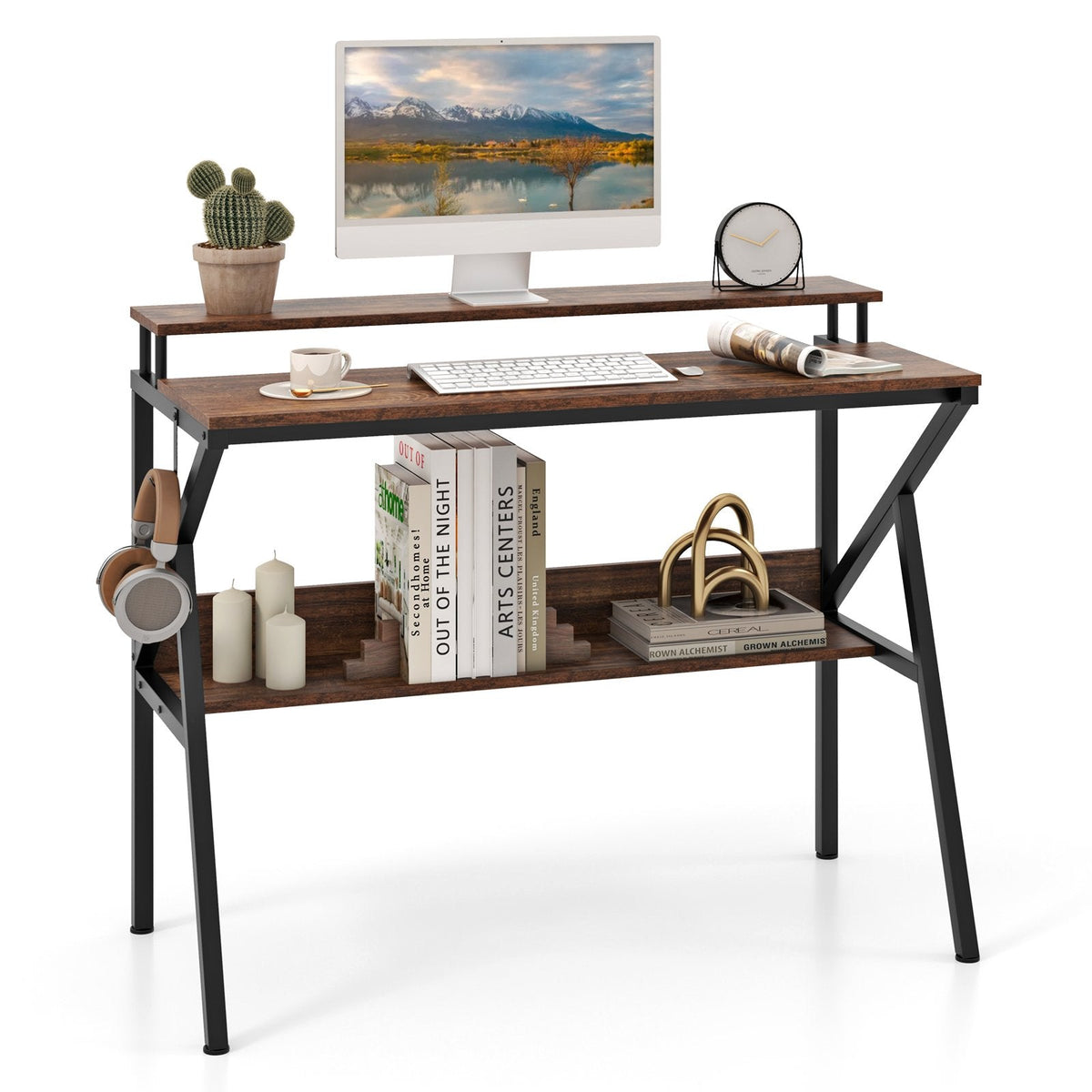 Space Saving Computer Desk with Monitor Stand and Extra Storage Shelf for Work Study-Rustic Brown