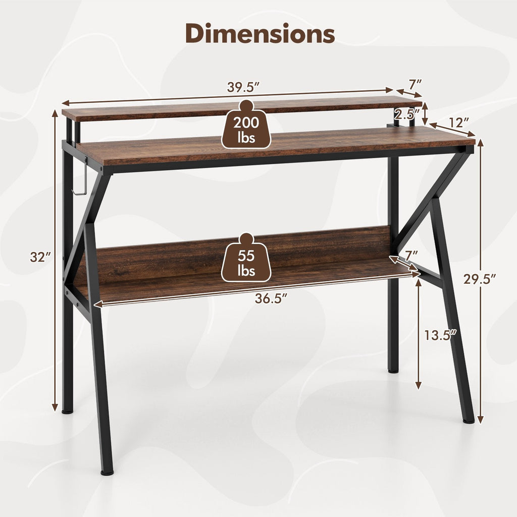 Space Saving Computer Desk with Monitor Stand and Extra Storage Shelf for Work Study-Rustic Brown