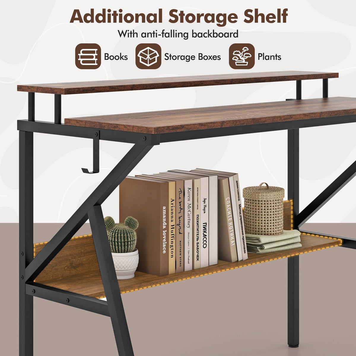 Space Saving Computer Desk with Monitor Stand and Extra Storage Shelf for Work Study-Rustic Brown