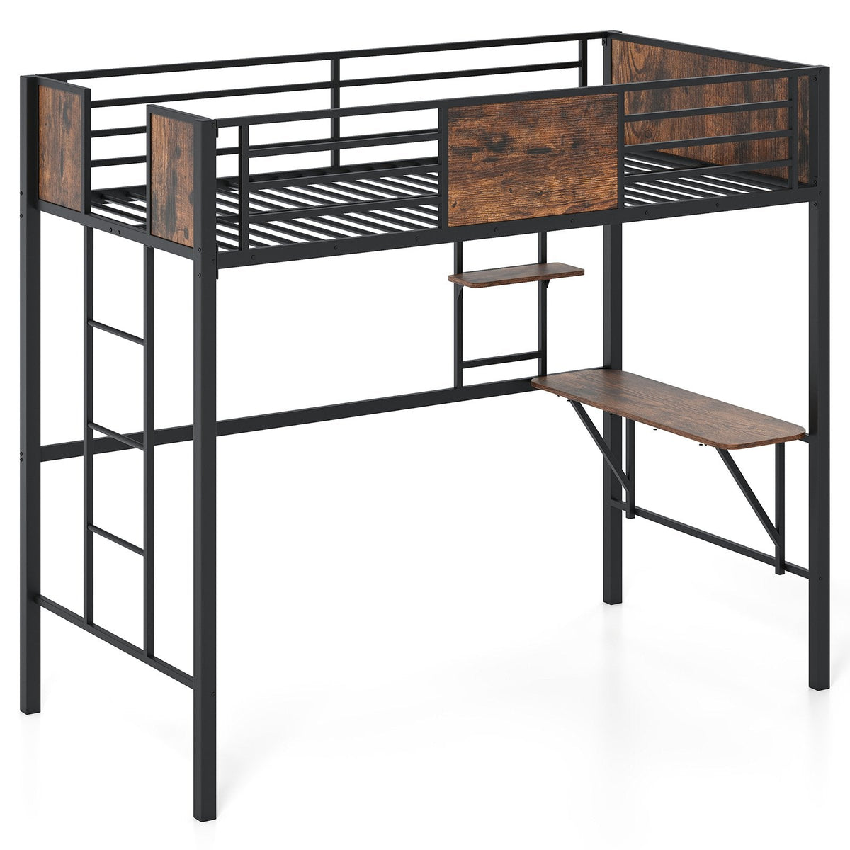 Twin Loft Bed with Built In Desk, Shelf, 13 Inch Guardrail and 3 Step Ladder
