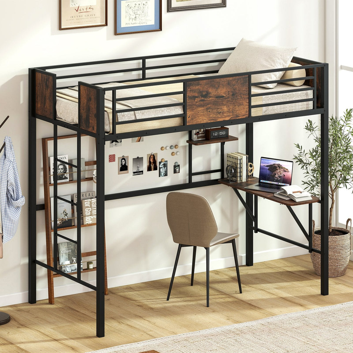 Twin Loft Bed with Built In Desk, Shelf, 13 Inch Guardrail and 3 Step Ladder