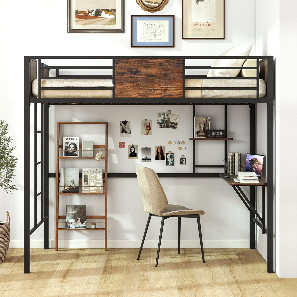 Twin Loft Bed with Built In Desk, Shelf, 13 Inch Guardrail and 3 Step Ladder