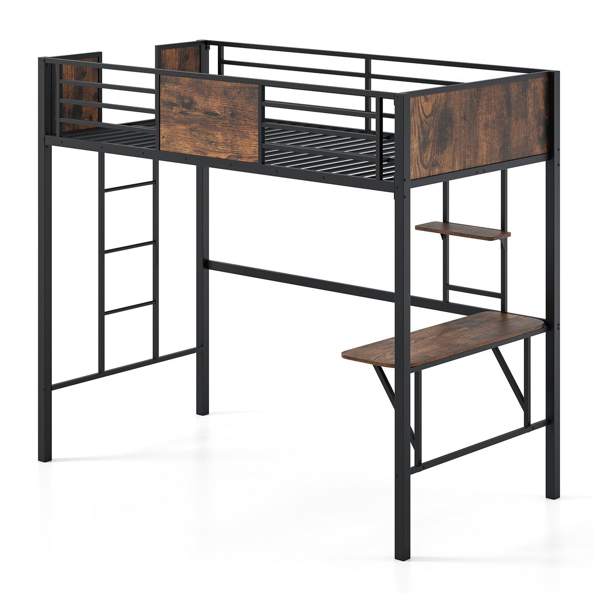 Twin Loft Bed with Built In Desk, Shelf, 13 Inch Guardrail and 3 Step Ladder
