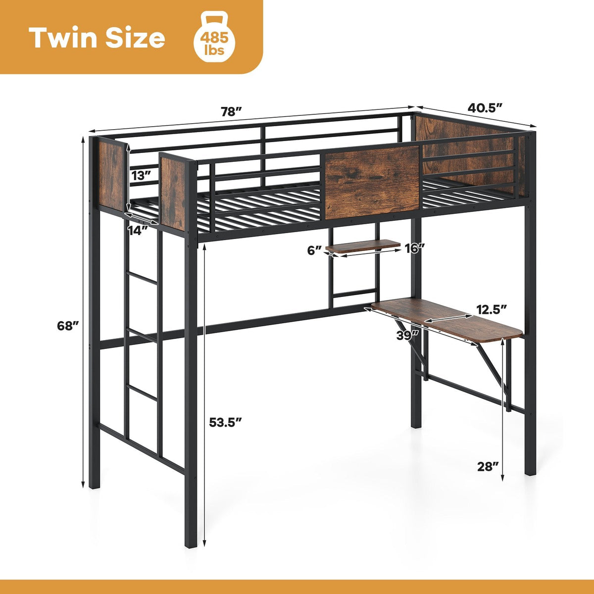 Twin Loft Bed with Built In Desk, Shelf, 13 Inch Guardrail and 3 Step Ladder
