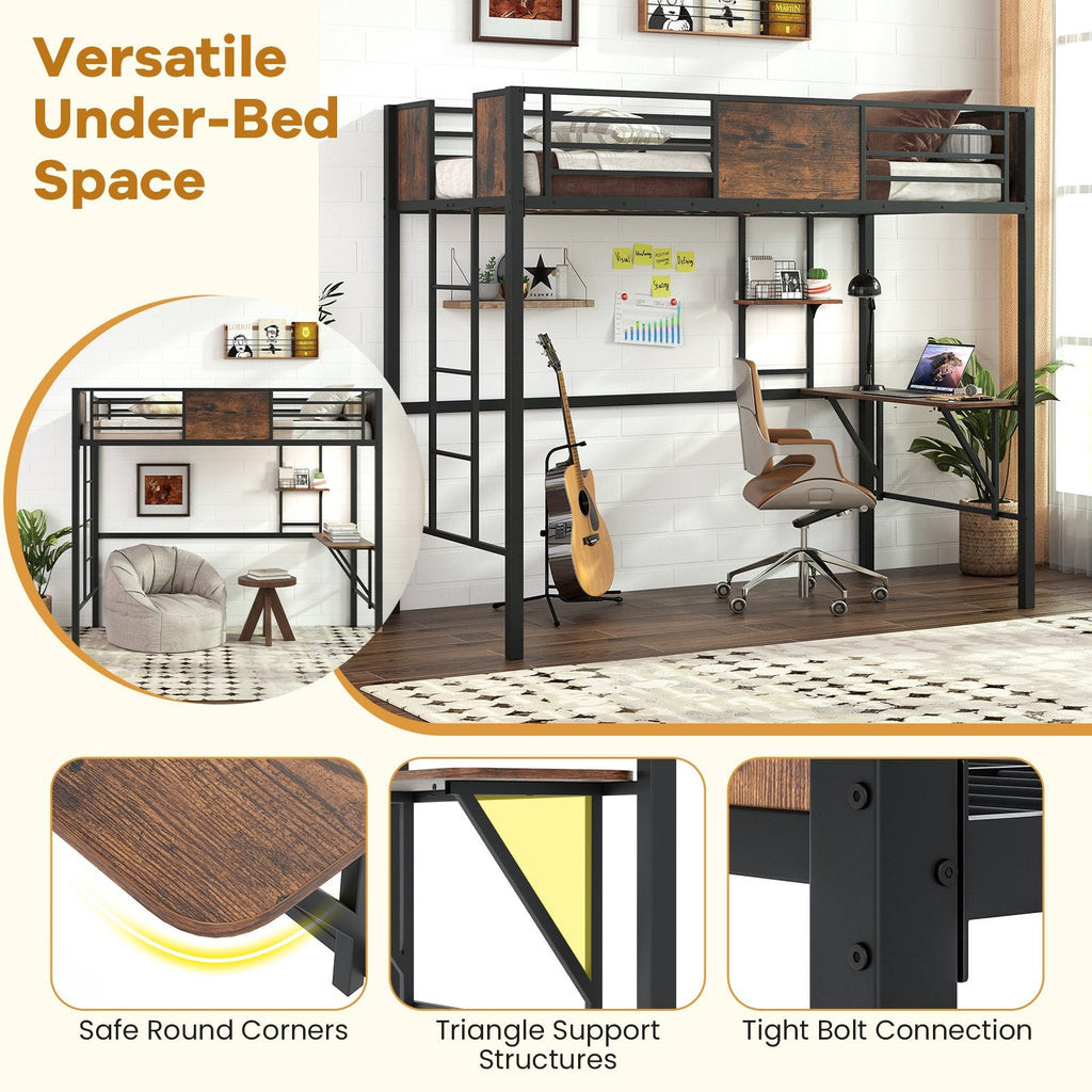 Twin Loft Bed with Built In Desk, Shelf, 13 Inch Guardrail and 3 Step Ladder