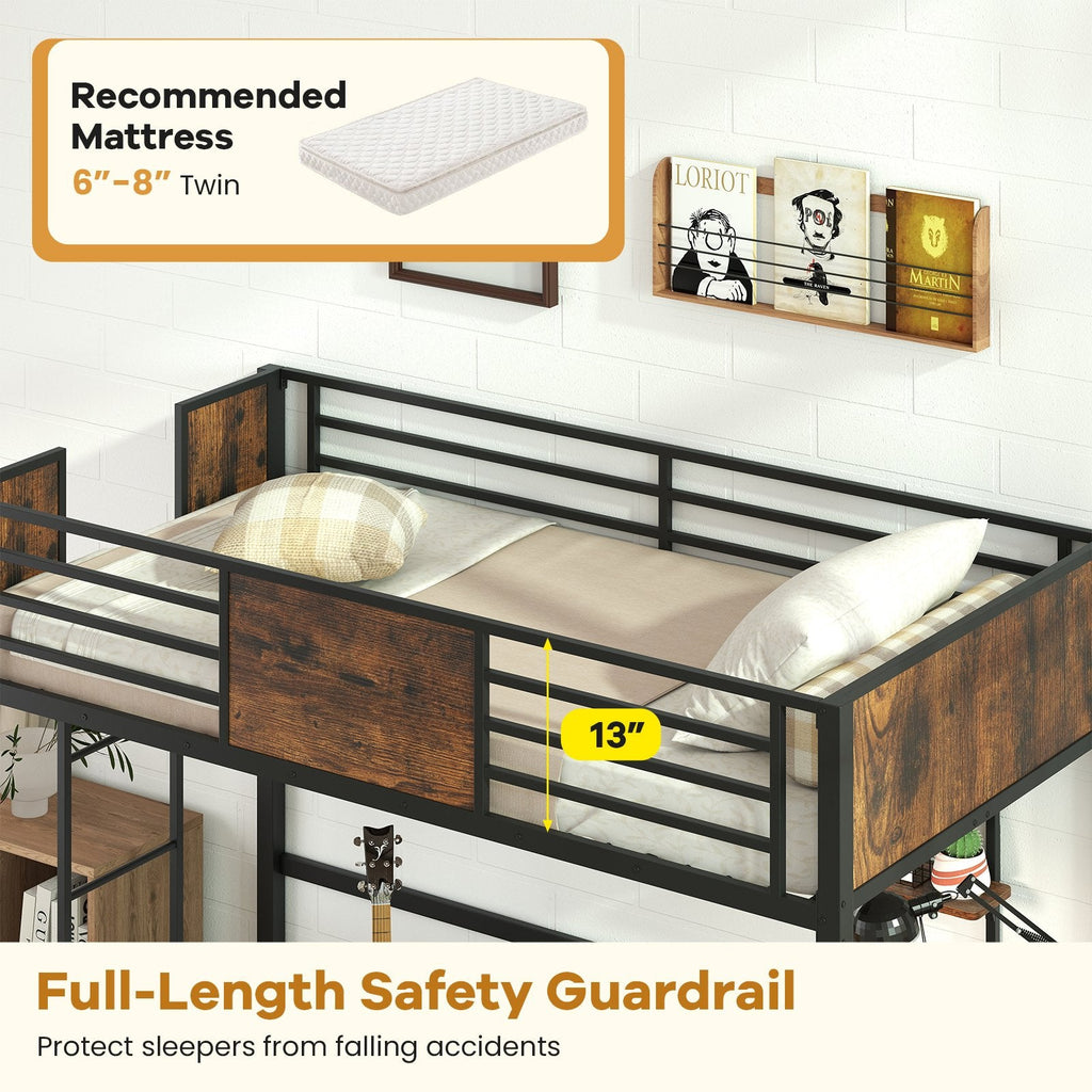Twin Loft Bed with Built In Desk, Shelf, 13 Inch Guardrail and 3 Step Ladder