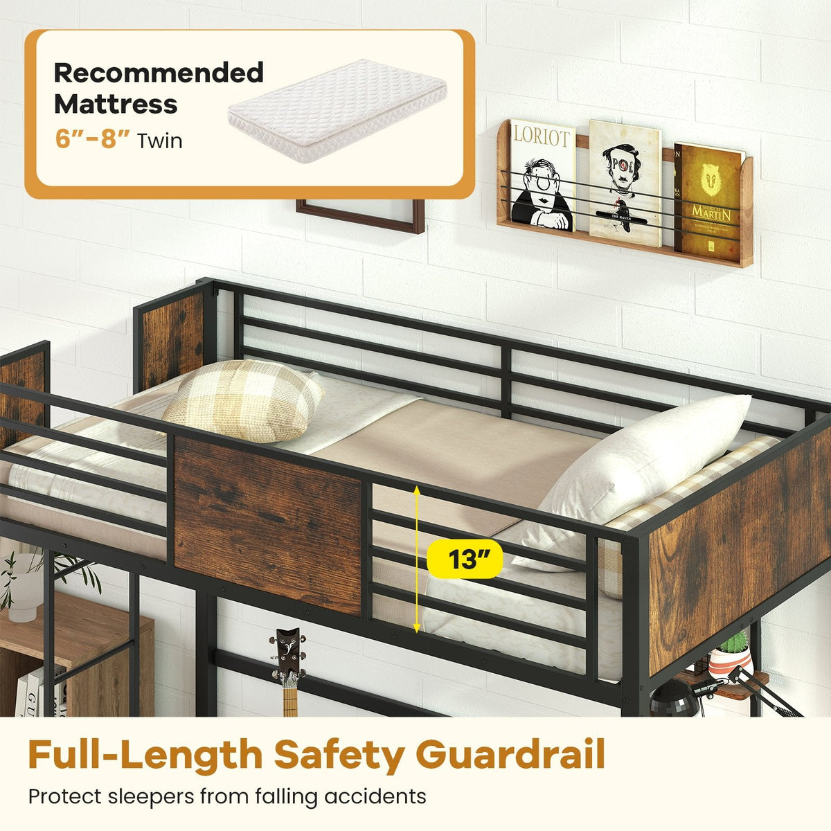 Twin Loft Bed with Built In Desk, Shelf, 13 Inch Guardrail and 3 Step Ladder