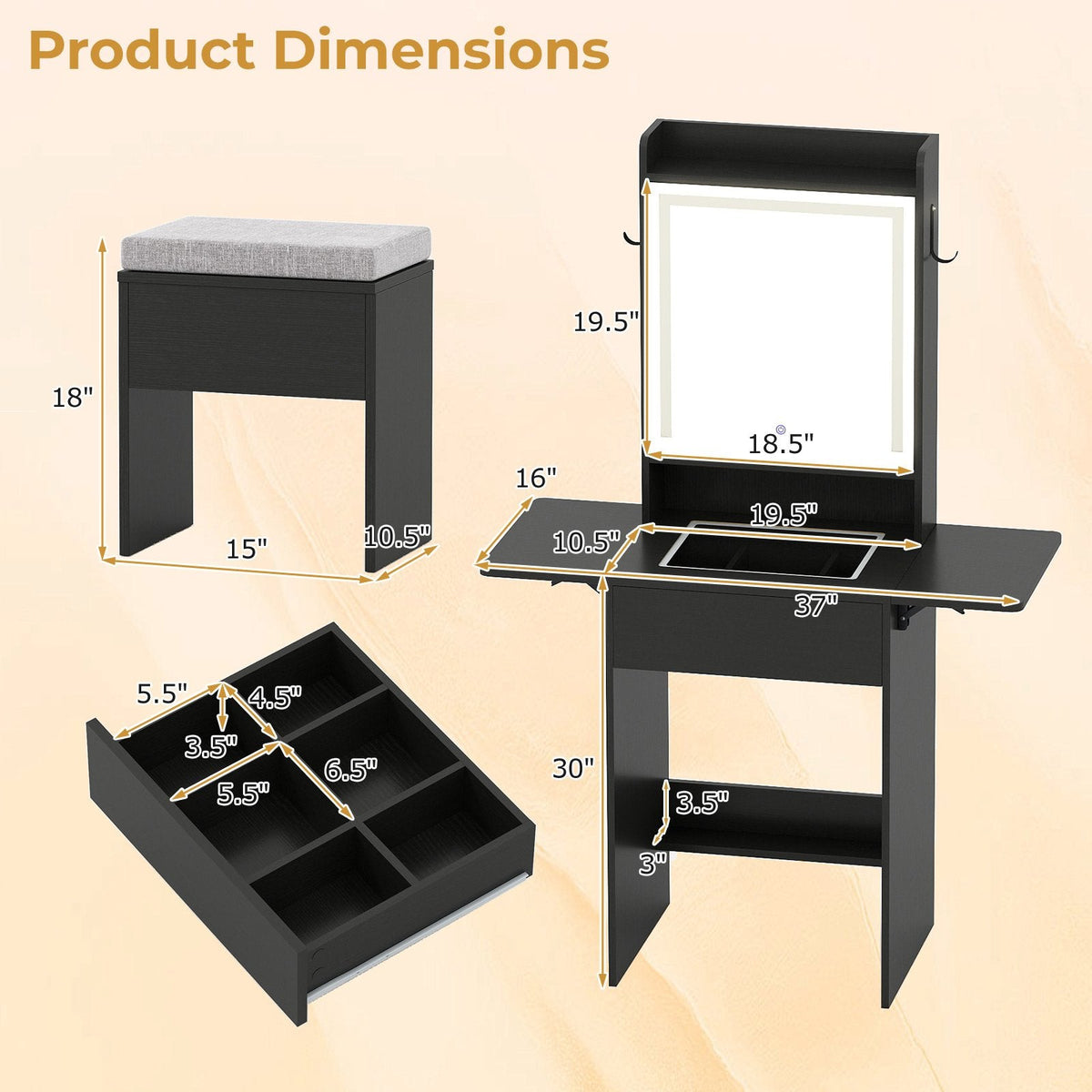 Space-saving Vanity Desk with Mirror and Lights for Bedroom-Black