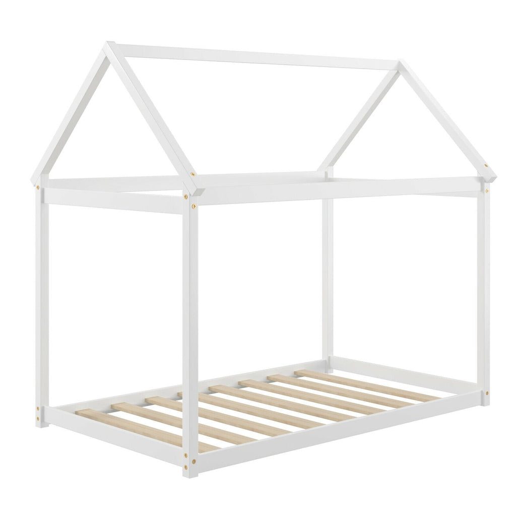 Twin House Frame Kids Floor Bed with Pitched Roof and Wooden Slats, White