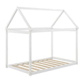 Twin House Frame Kids Floor Bed with Pitched Roof and Wooden Slats, White