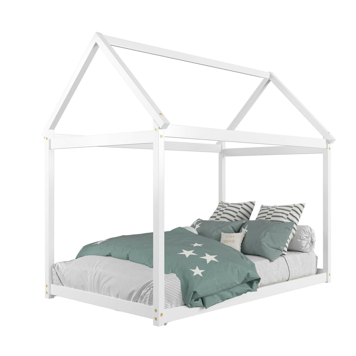 Twin House Frame Kids Floor Bed with Pitched Roof and Wooden Slats, White