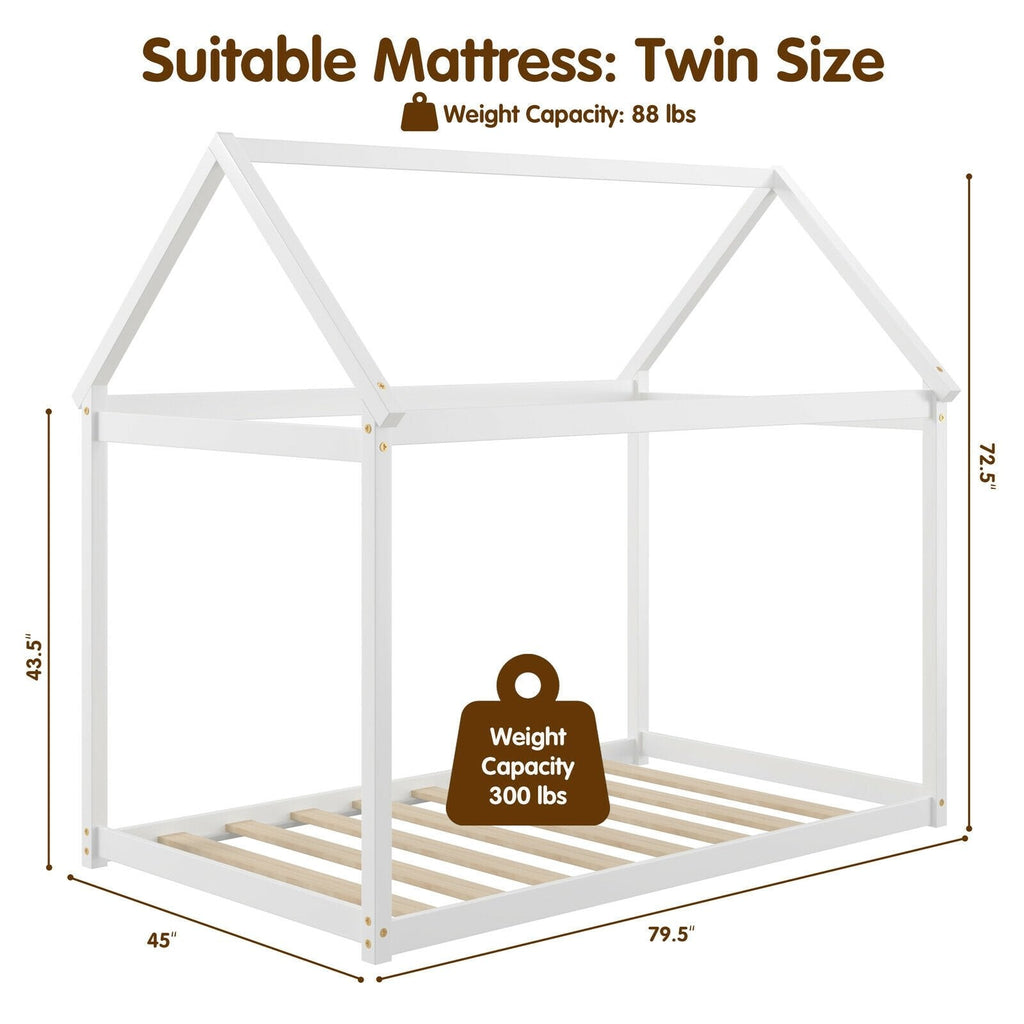 Twin House Frame Kids Floor Bed with Pitched Roof and Wooden Slats, White