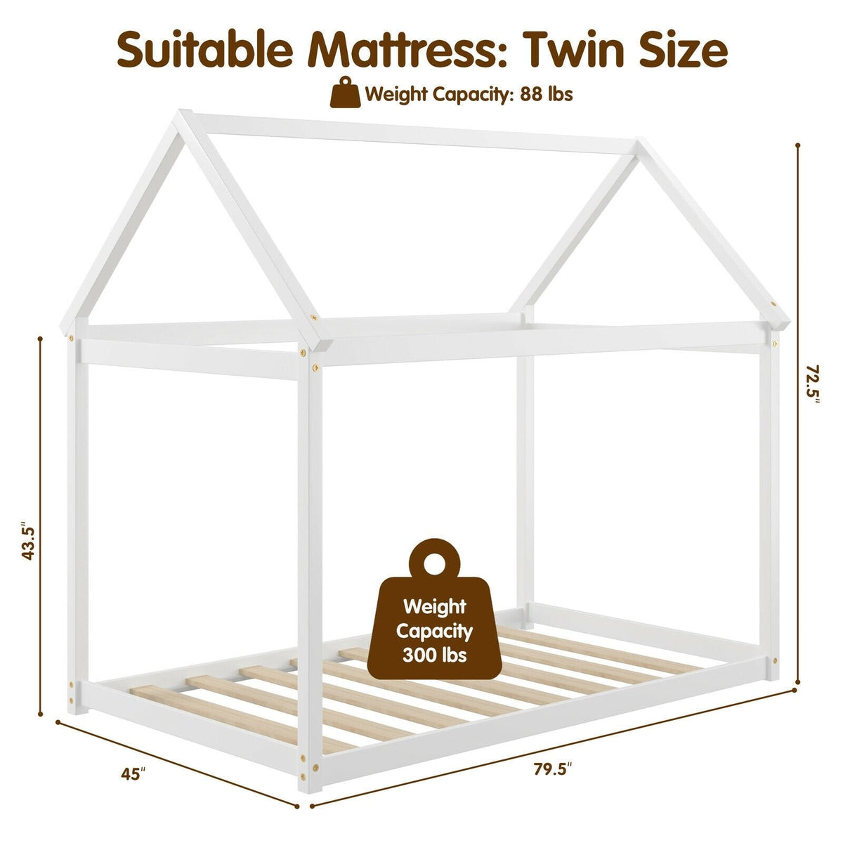 Twin House Frame Kids Floor Bed with Pitched Roof and Wooden Slats, White
