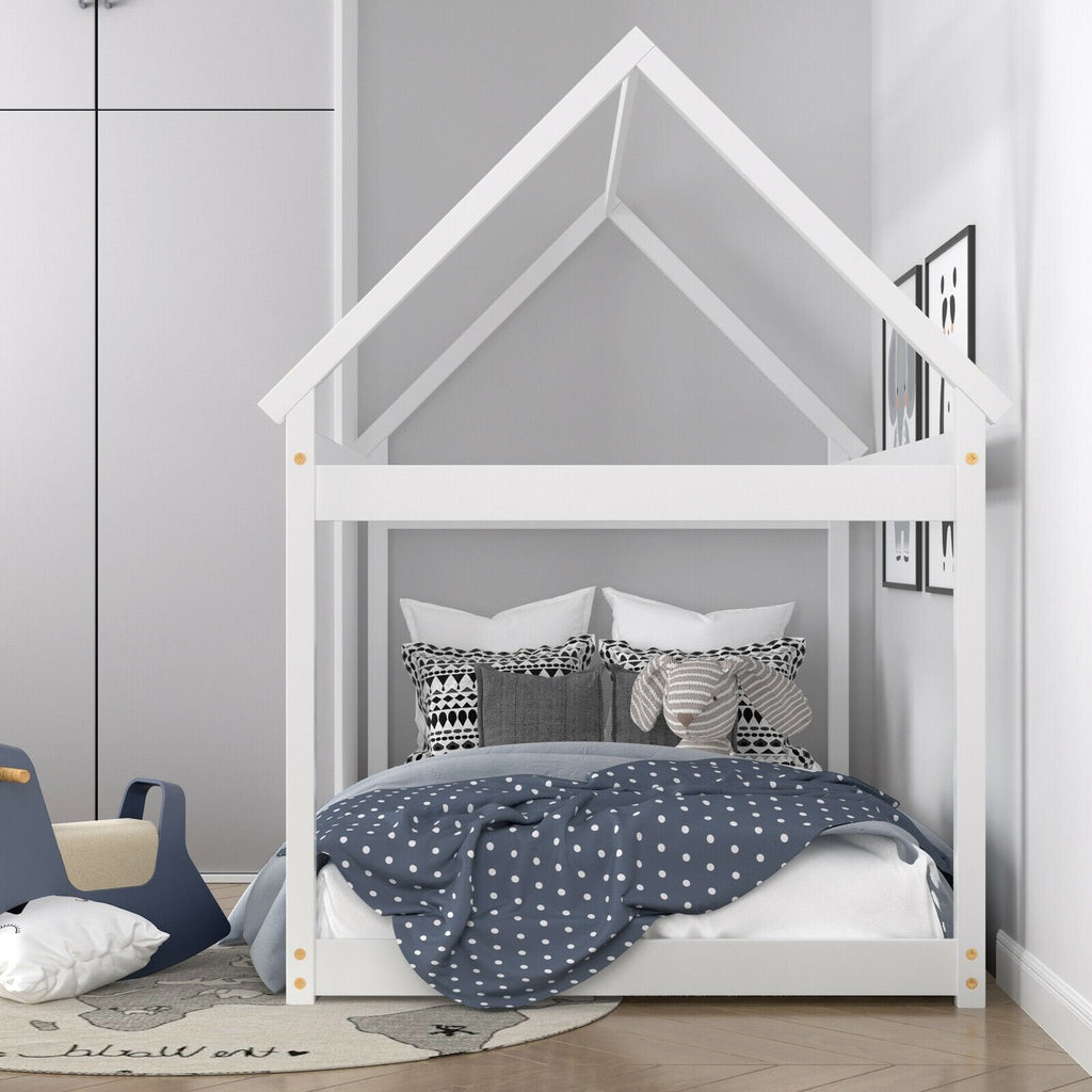 Twin House Frame Kids Floor Bed with Pitched Roof and Wooden Slats, White