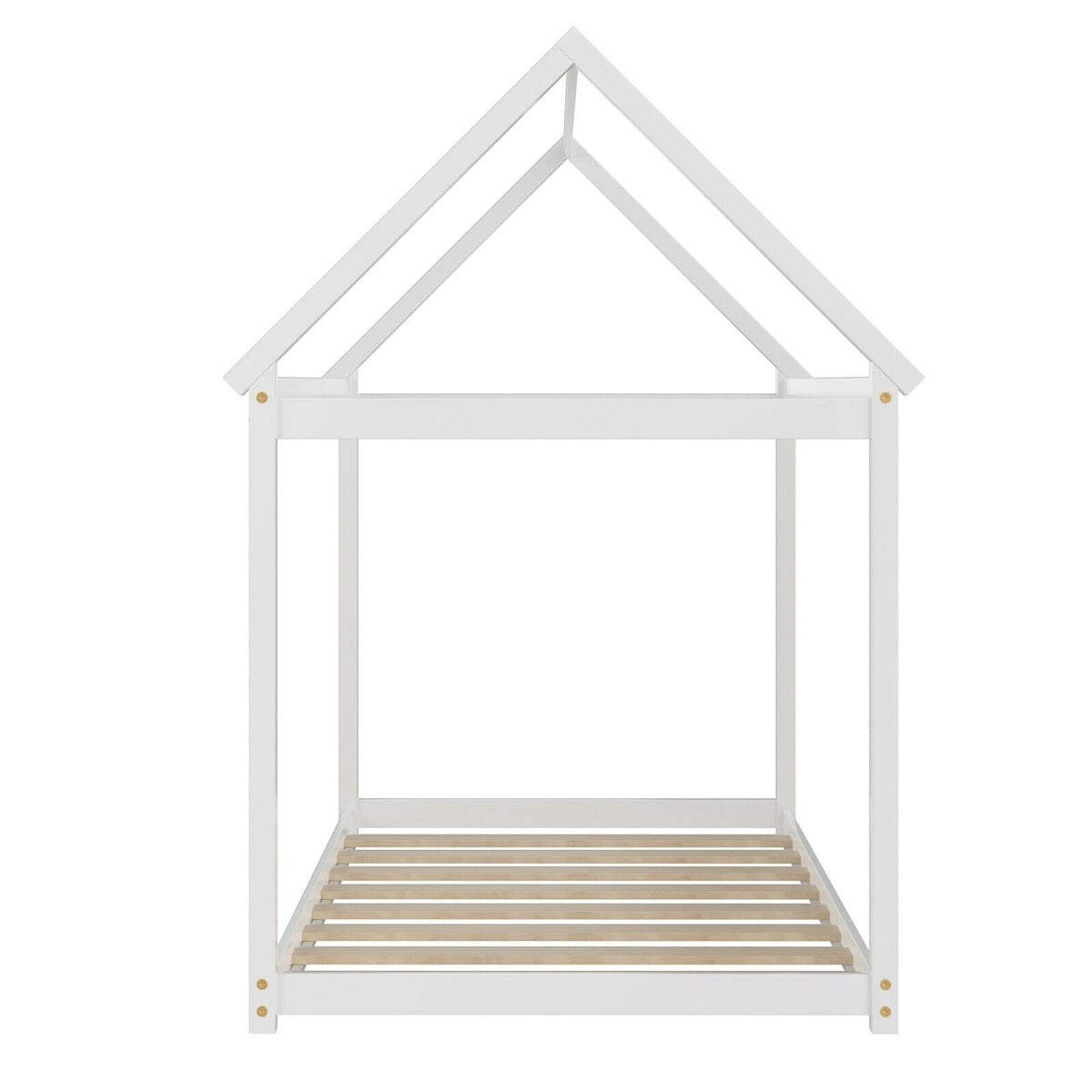 Twin House Frame Kids Floor Bed with Pitched Roof and Wooden Slats, White