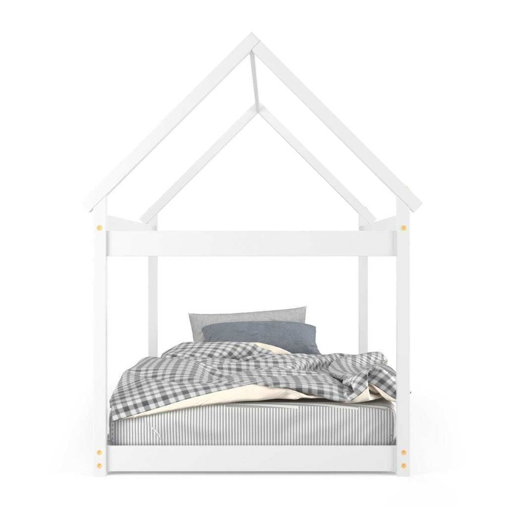Twin House Frame Kids Floor Bed with Pitched Roof and Wooden Slats, White
