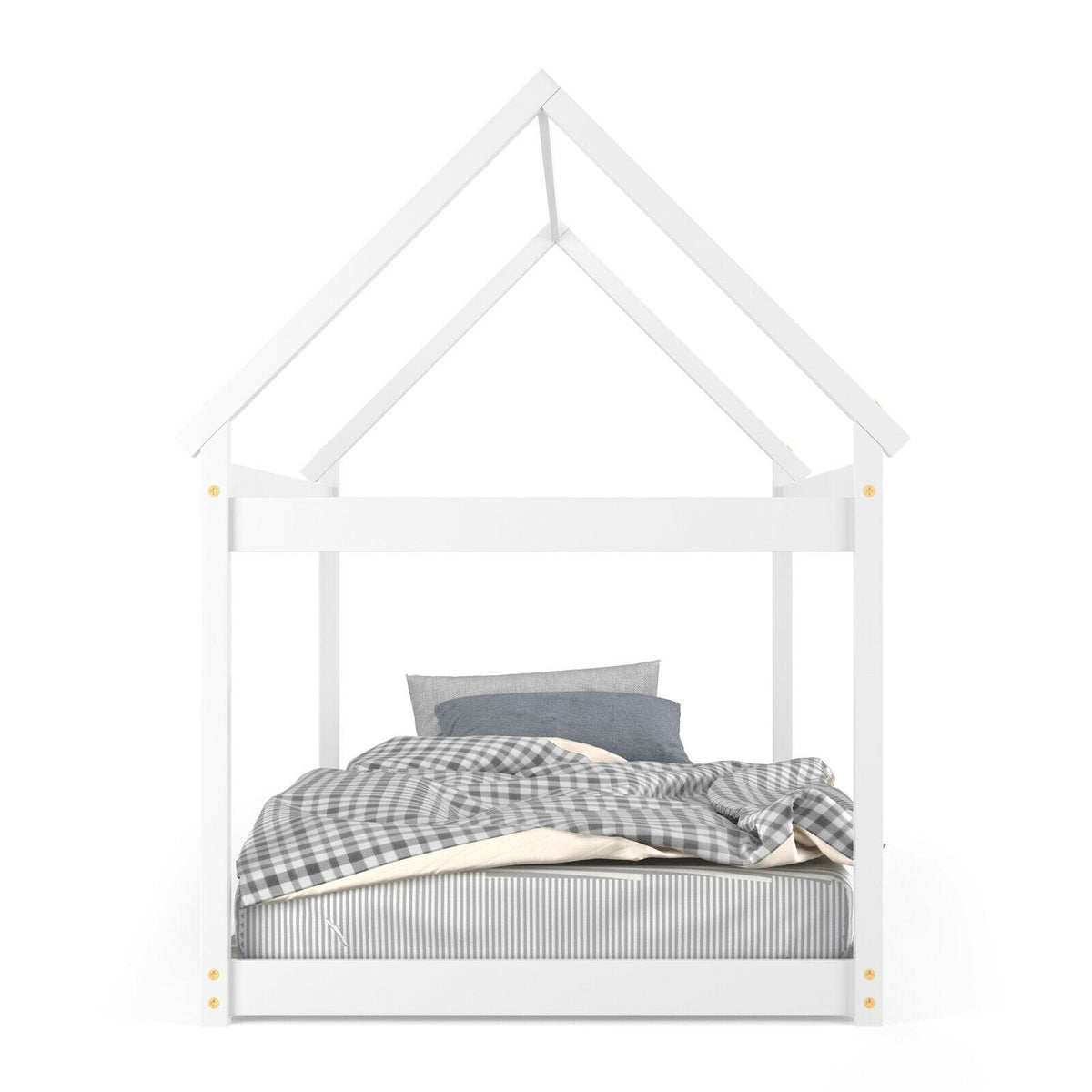 Twin House Frame Kids Floor Bed with Pitched Roof and Wooden Slats, White