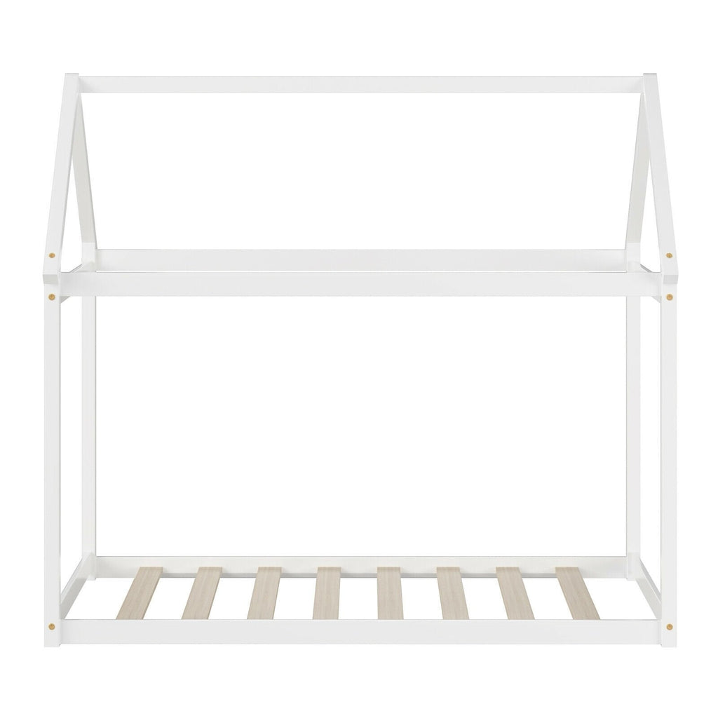 Twin House Frame Kids Floor Bed with Pitched Roof and Wooden Slats, White