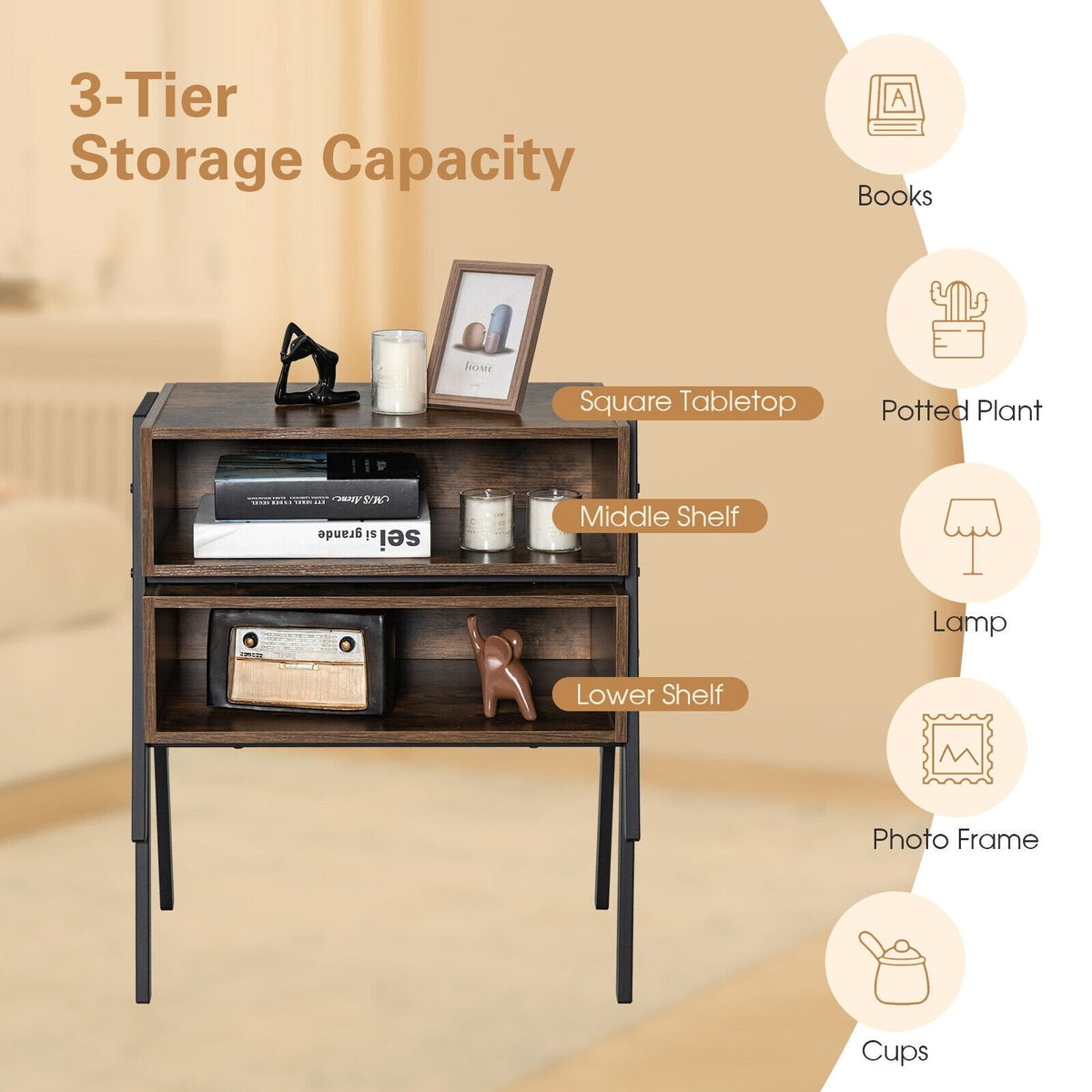 Stackable Night Stand and Accent Table with Metal Frame