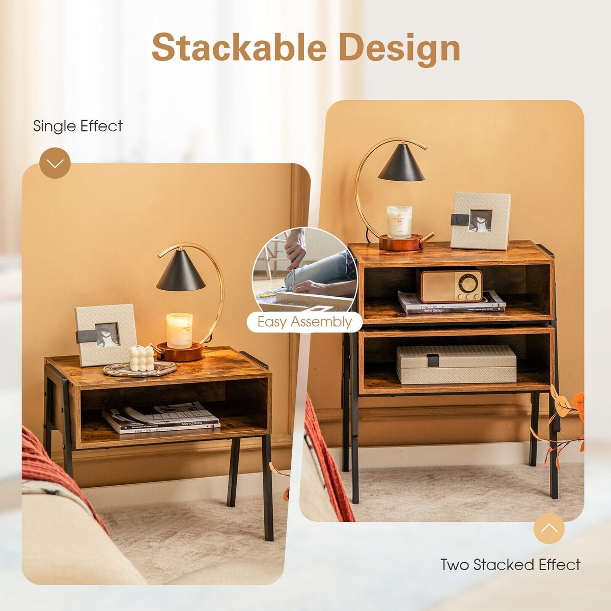 Stackable Night Stand and Accent Table with Metal Frame