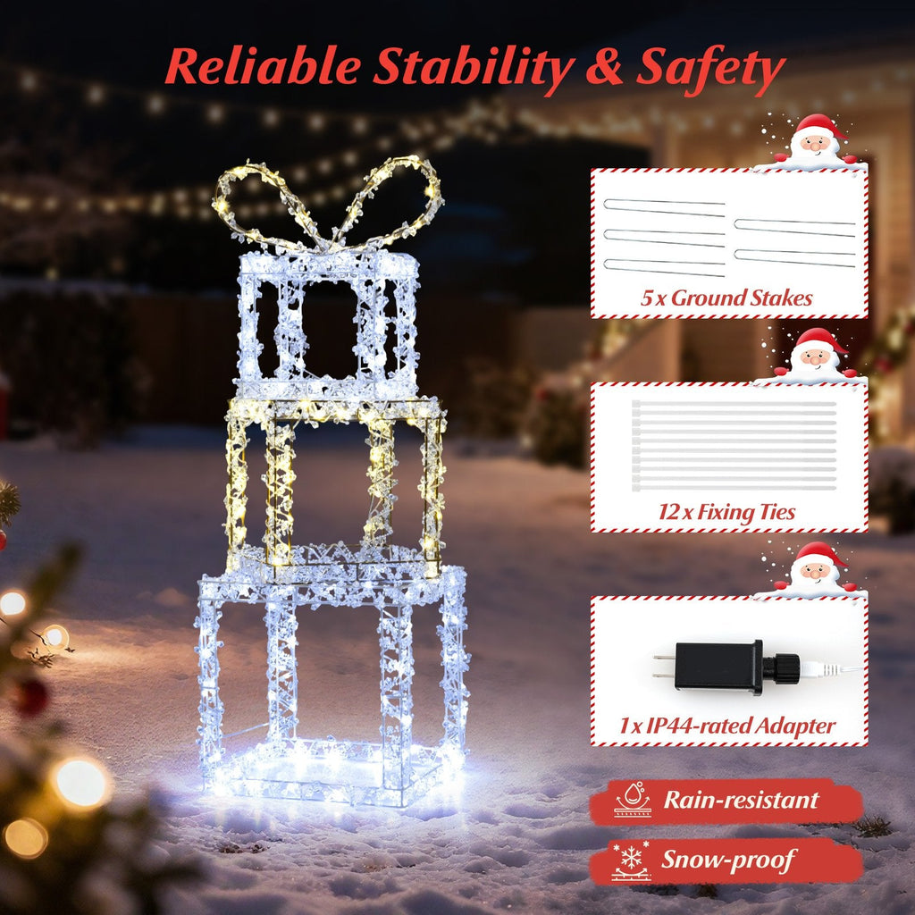 Stacked Lighted Gift Boxes Set of 3 Pre-Lit Christmas Present Box Lights