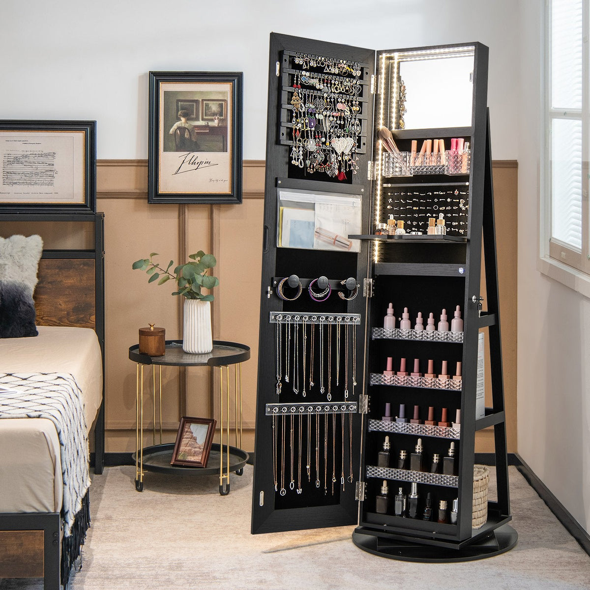 Standing Jewelry Cabinet with Adjustable LED Lights-Black