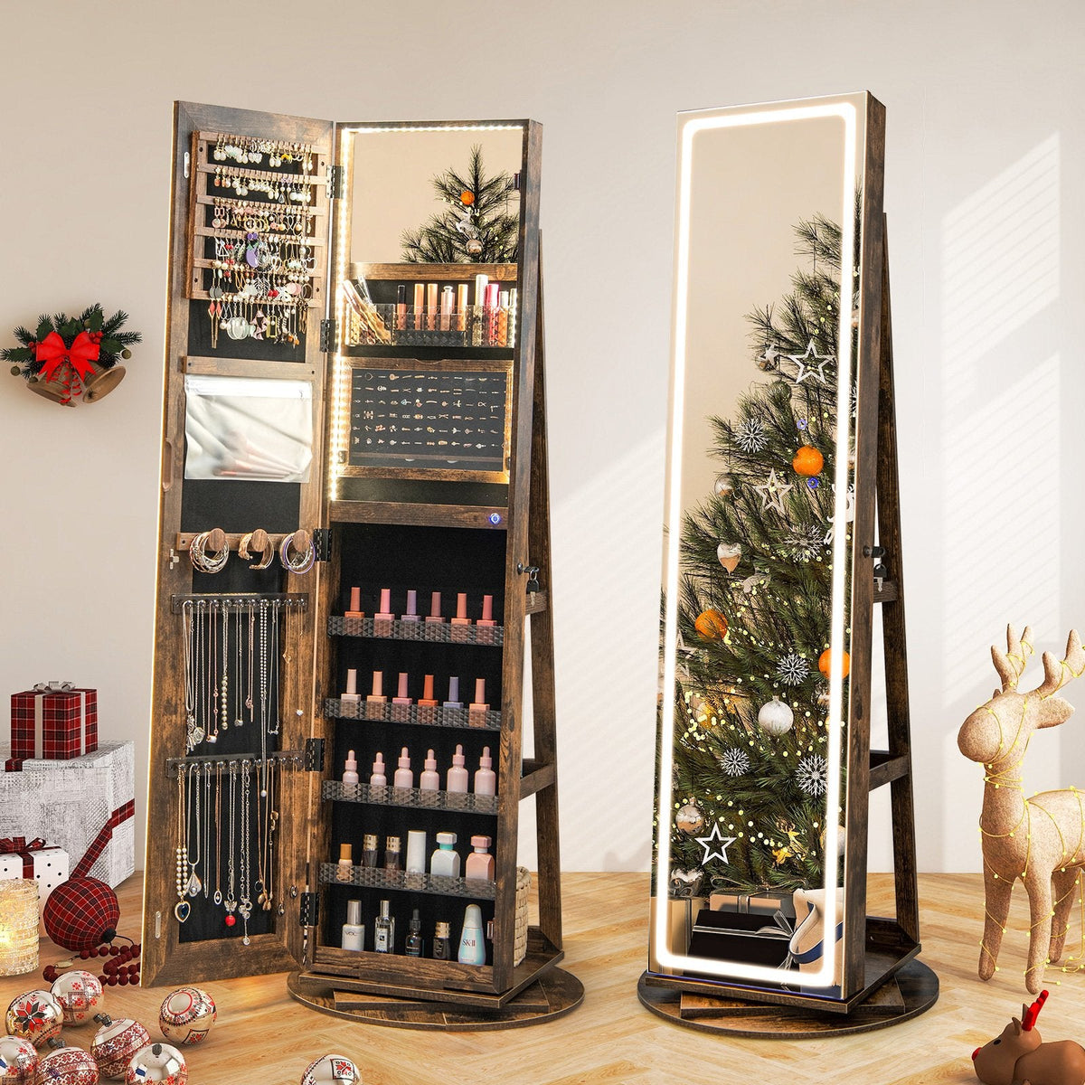 Standing Jewelry Cabinet with Adjustable LED Lights-Coffee
